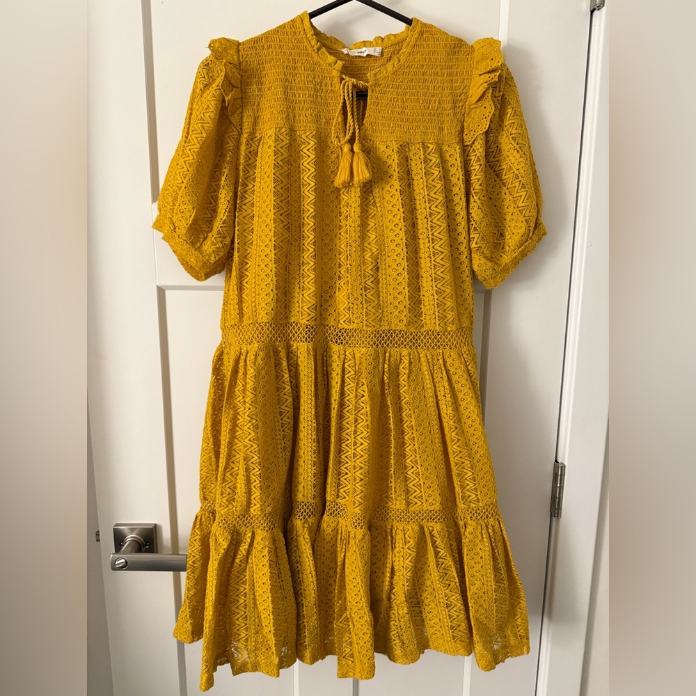 Mango Mustard Yellow Lace Tiered Dress
